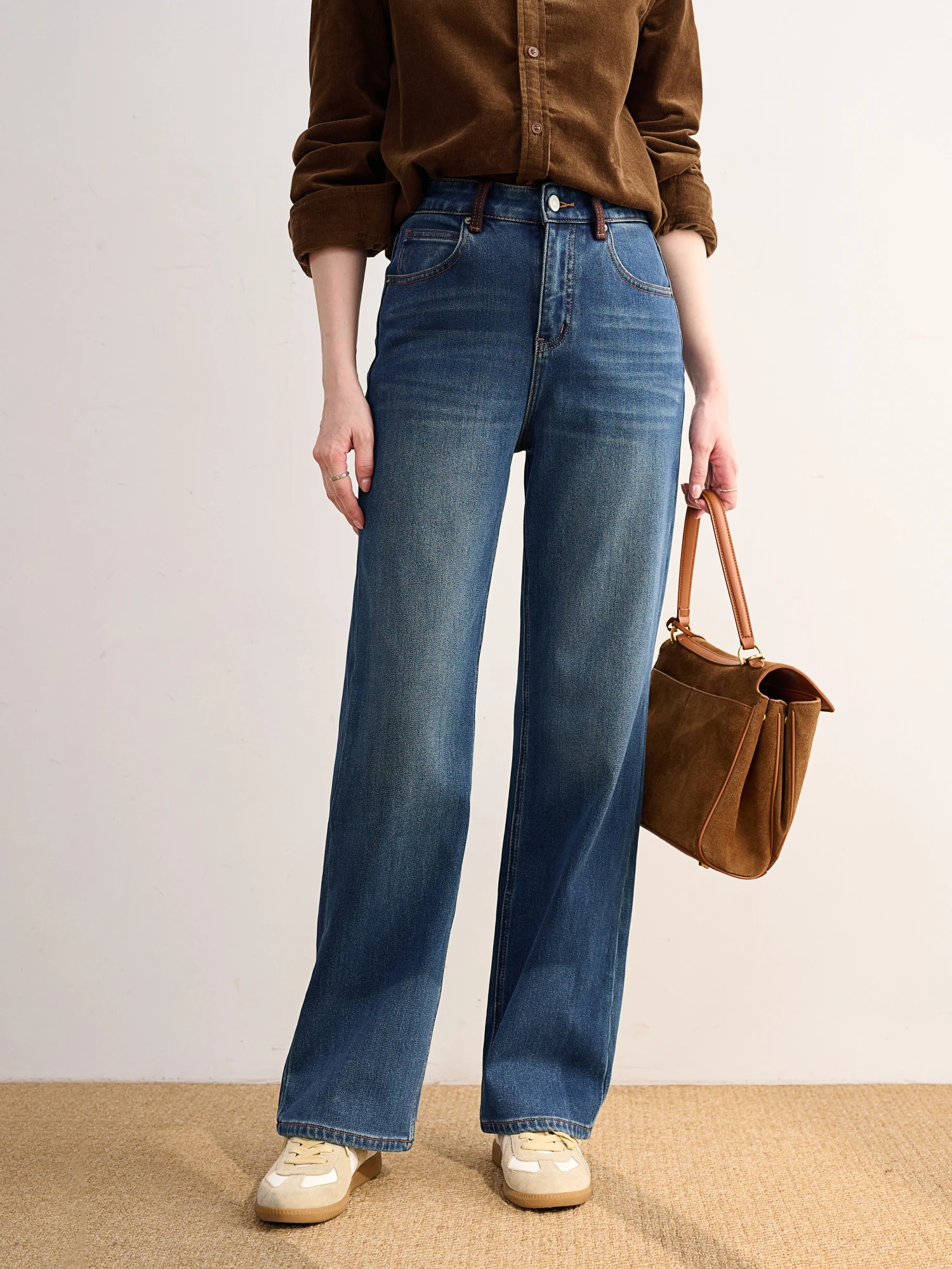 

High Waist Flared Jeans Women's Comfortable Fleece Lined Straight Leg High Waist Jeans Cotton Commute Style Pure Color