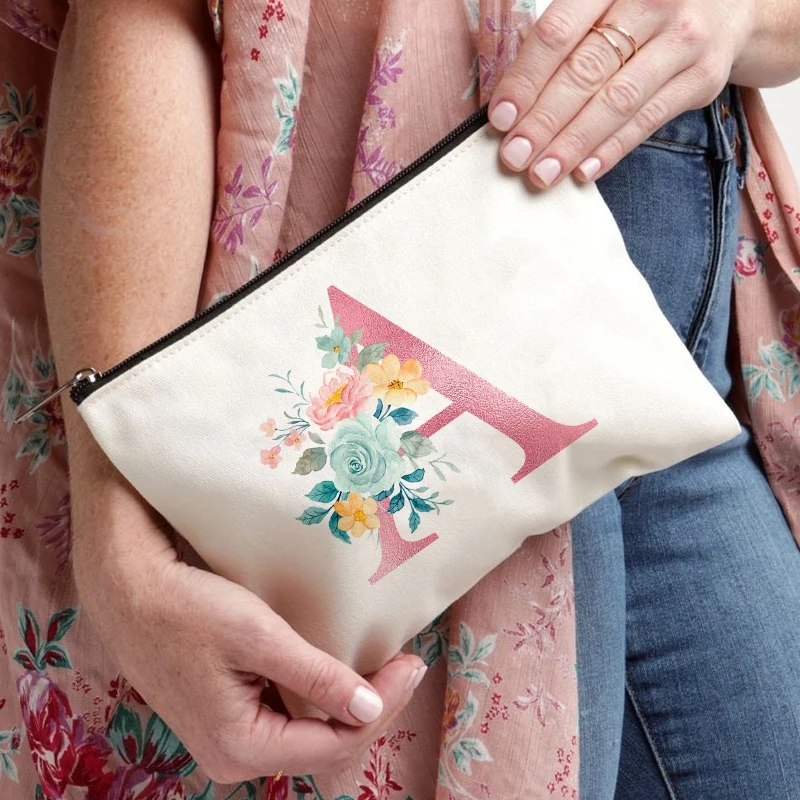 Floral Initials A-Z Pattern Women Cosmetic Bag Unique Gifts for Teachers Friends Students Bridesmaids Toiletry Bag Organizer Bag