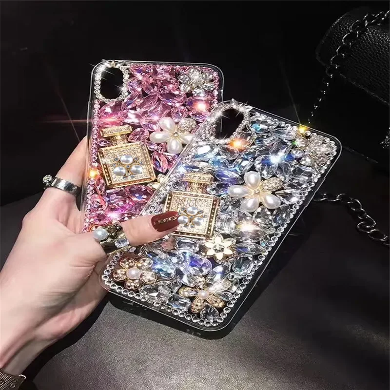 

Luxury Bling Diamond Perfume Bottle Phone Case For SamsungS24 S10 S20 S21 S22 S23PLUS Note9 10 20 Pearl Flower Soft Shell Capa