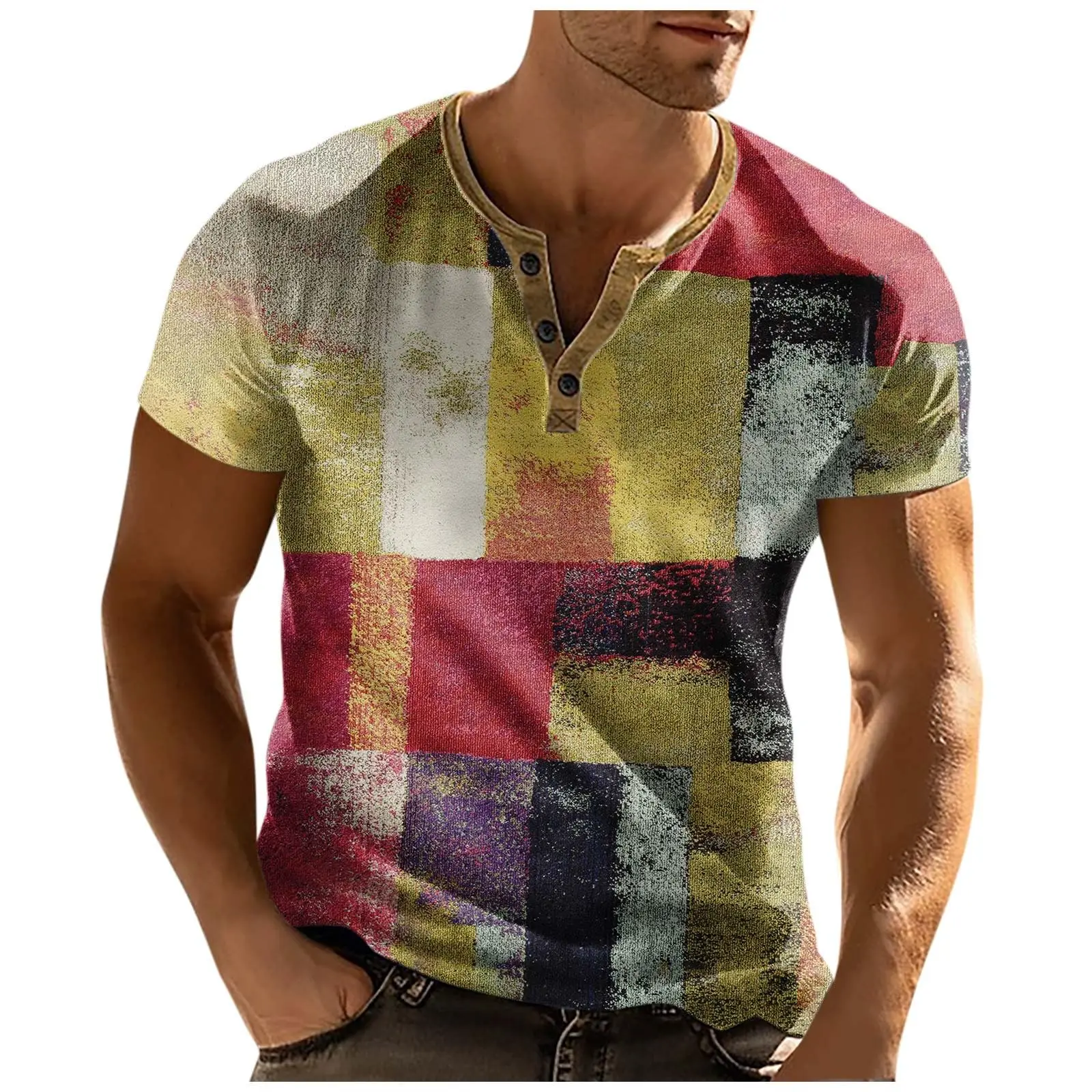 

Abstract Art 3D Printed Henley Shirt, Casual Retro Men's Streetwear, Buttoned Short-sleeved Shirt, Men's T-shirt, Men's Jacket