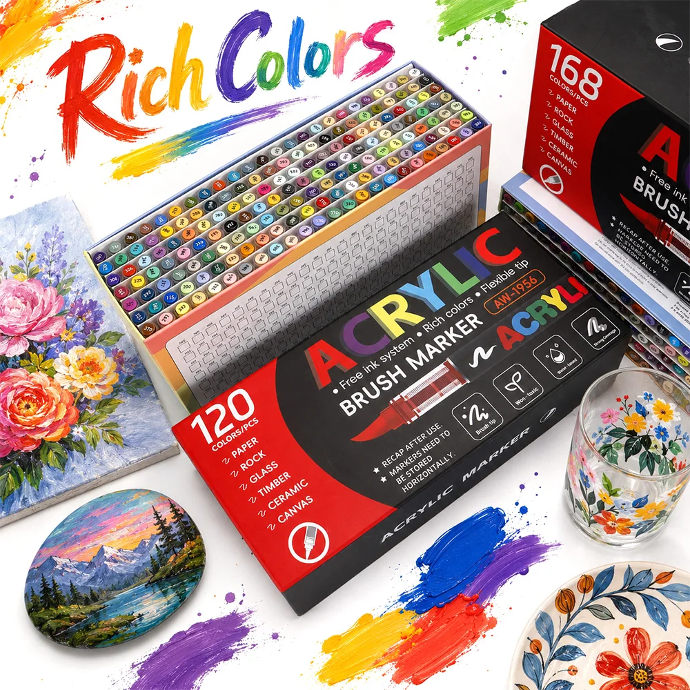120/168 Colors Acrylic Brush Marker Set 1‑5mm Flexible Soft Brush Tip Professional Paint Pens Rock Glass Wood Ceramic Canvas DIY Graffiti Craft Drawing Coloring Art Supplies