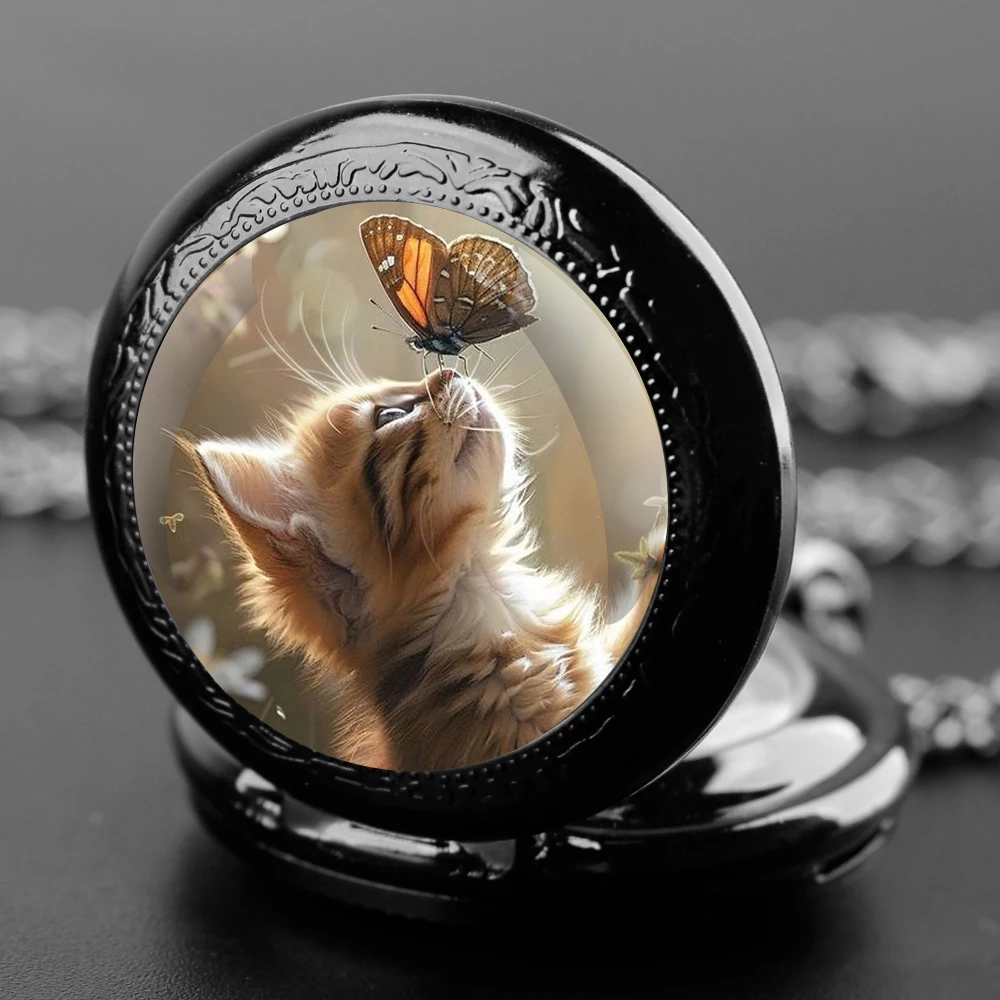 De Vlinder En Kat Glazen Koepel Quartz Zakhorloge Met Duurzame Ketting Arabische Cijfers Wijzerplaat Creatieve Geschenken Voor Mannen Vrouwen