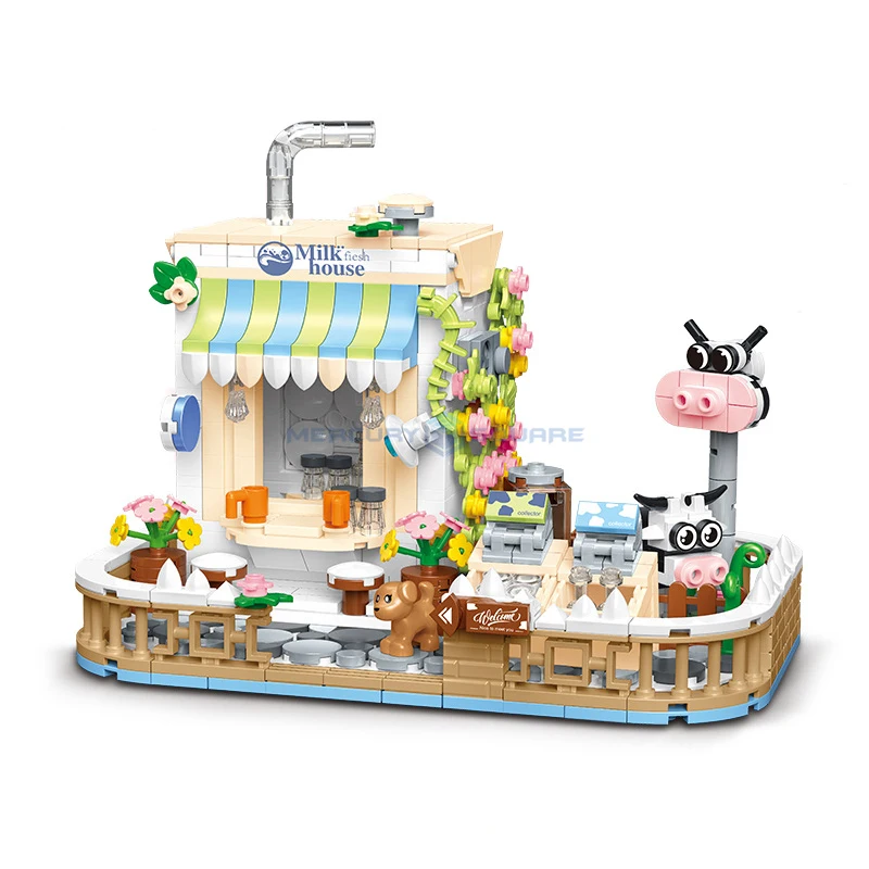 Milk Drink Store Model Building Bricks MOC D005-3 Shop House Town Blocks City Street View Ideas DlY Toy Collection Gift Kit Kids