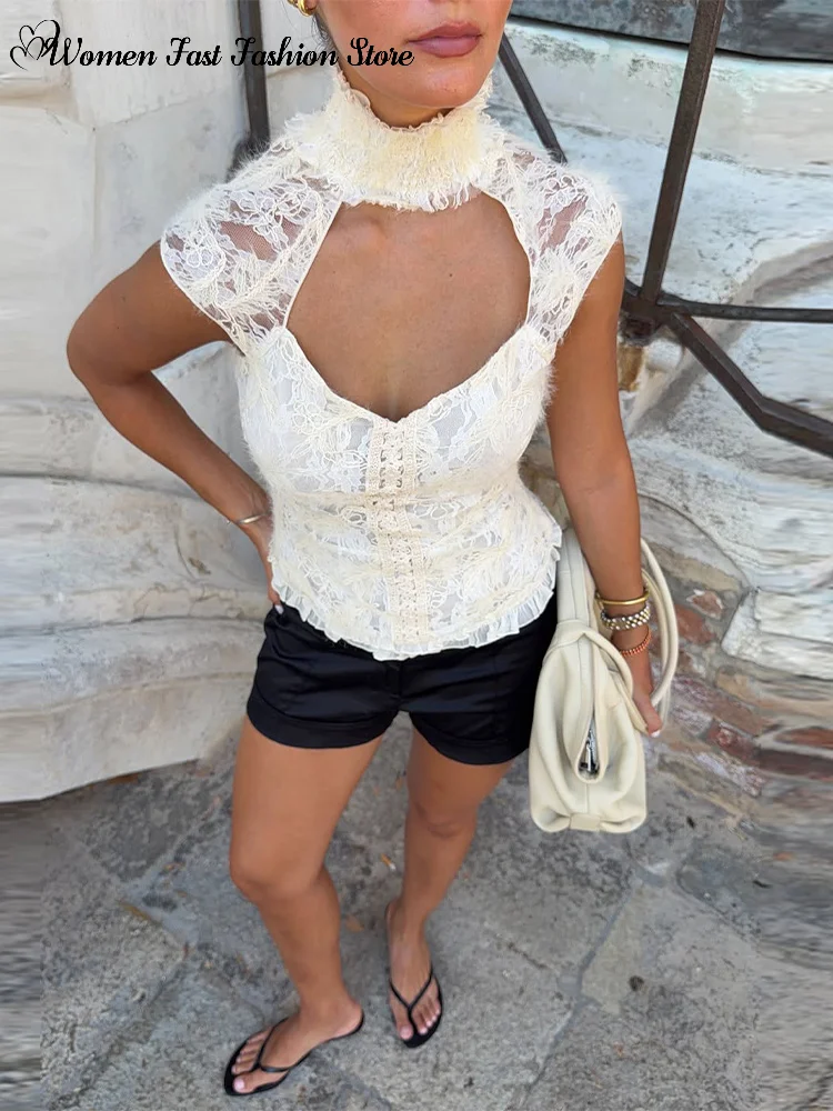 Chic Lace Jacquard Tank Tops Women's Sexy Hollow-out Backless Stand Collar Sleeveless Vest 2026 Autumn New Lady Solid Streetwear
