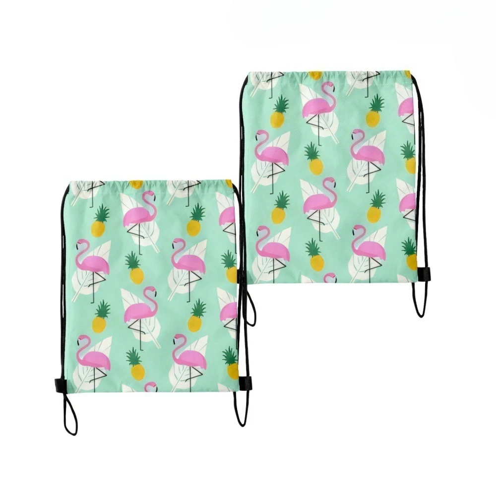 2PCS Pink Flamingo Summer Palm Trees Print Drawstring Bags Hiking Outdoor Oxford Beach Travel Storage ​Trendy Streetwear Bags
