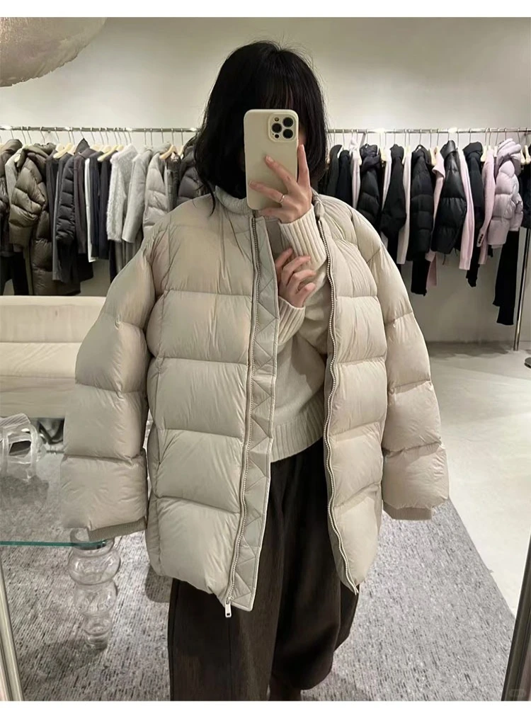 سترة نسائية ذات تصميم كوري متوسطة إلى طويلة ورقبة دائرية فضفاضة وسميكة وبسيطة #5