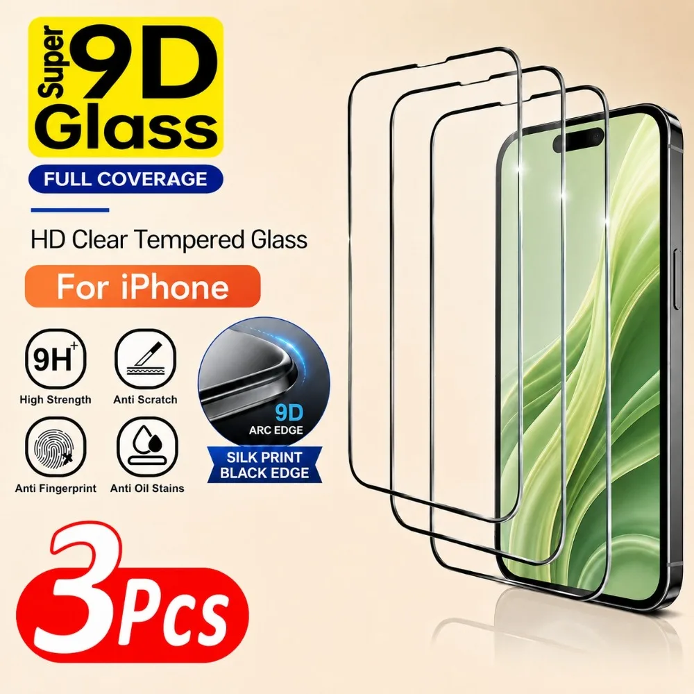 3er-Pack 9D Vollflächiger Displayschutz aus gehärtetem Glas für iPhone 18 17 16 15 Pro Max 16e 17e 14 13 12 11 Pro 15 14 Plus mit 9H Härtegrad