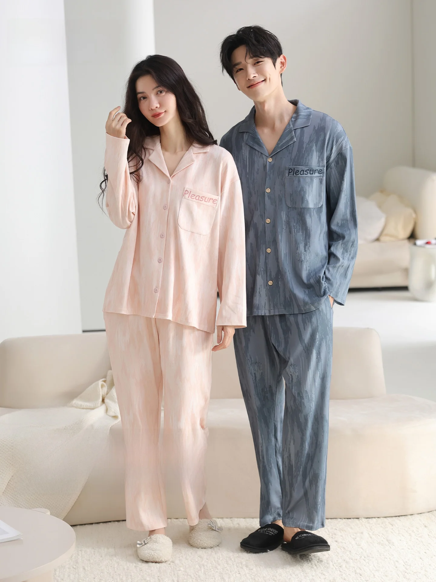 Couple's Pure Cotton Long Sleeve Sleepwear Men's Spring Autumn Home Clothes Set Winter Casual Style Pocket Design Loose Fit