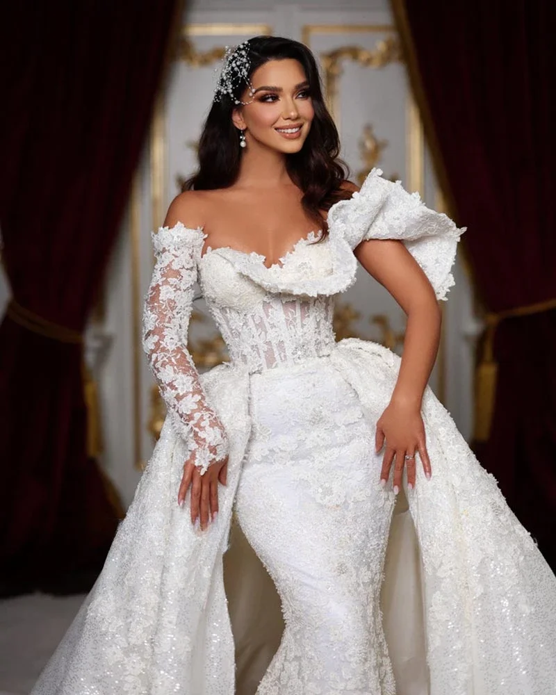 Eleganckie koronkowe suknie ślubne z aplikacjami moda Off The Shoulder Sweetheart suknie syrenka eleganckie sąd pociąg kobiety suknie panny młodej