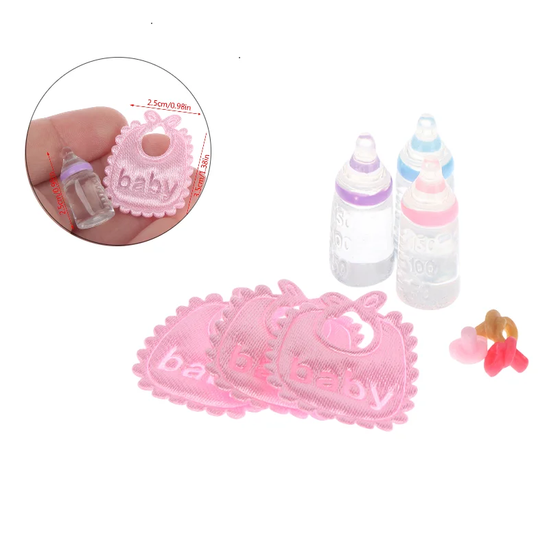 1set 1:12 Dolls House Miniature Baby Bottles Shampoo Bibs Set Nursery Accessory Gift Baby Bottles Set