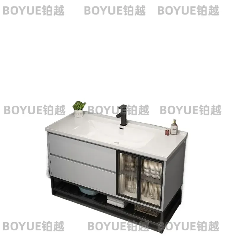 Modern Smart Bathroom Vanity with Glass Door Solid Wood Cabinet Ceramic Integrated Sink Washbasin Combo for Toilet Area