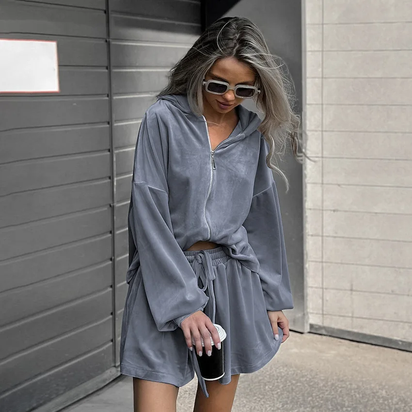 

Осенний флисовый свитер с серебряной лисой, шорты, комплект из двух предметов, спортивные штаны с тремя точками для спорта и отдыха, уличная женская одежда