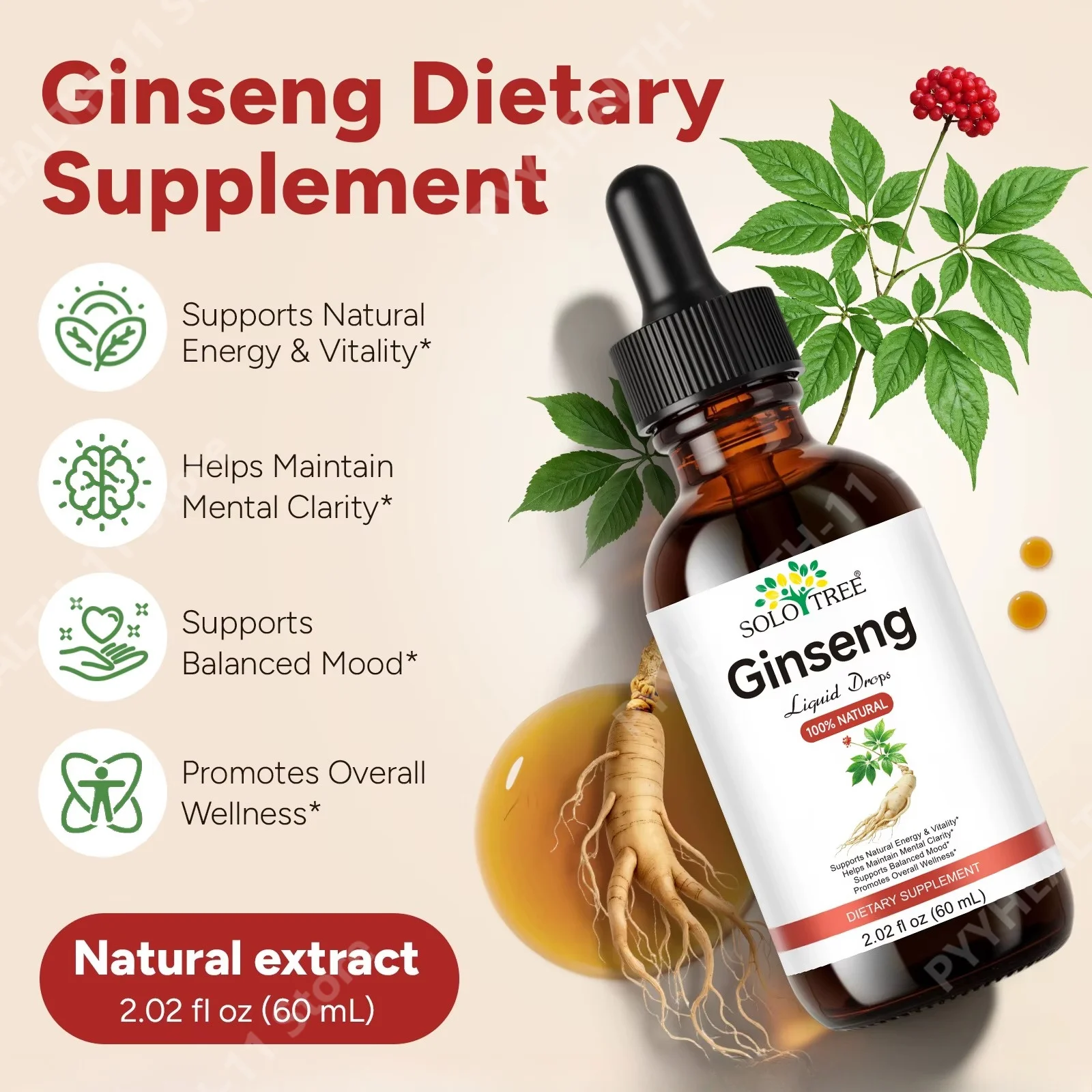 SoloTree Korean Red Ginseng Liquid Drops 650mg Supports Energy Vitality Focus Mental Clarity Immune Wellness Sugar Free 60mL