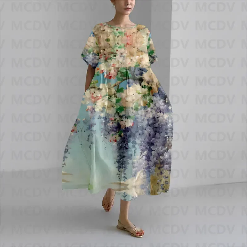 Japanese Ombre Floral Print Women's Casual Midi Dress