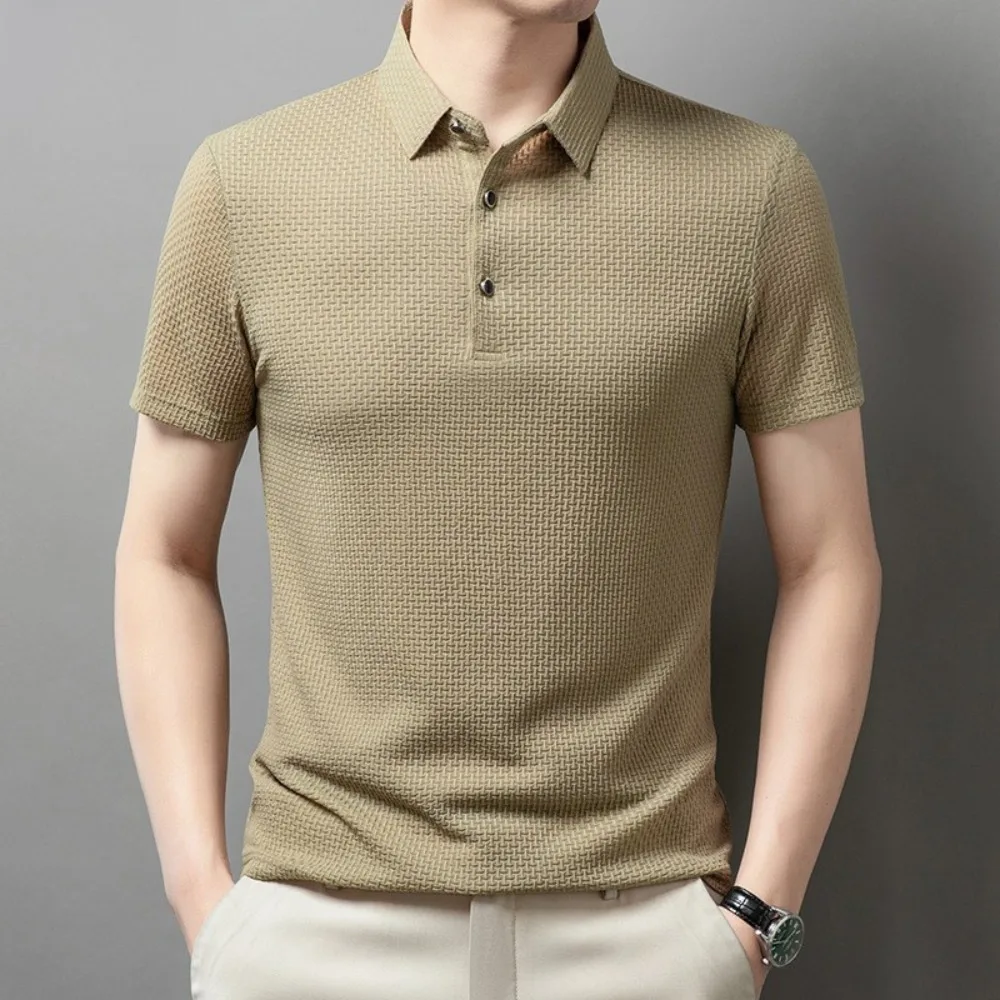 

New Summer Men's Lop-up Hollow Short-sleeved Polo Tee Shirt Ice Silk Breathable Business Fashion T-Shirt Male Brand Clothes