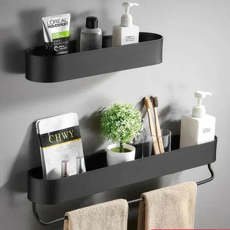 30/40/50cm Black / Matte Bathroom Shelf Shampoo Rack Kitchen Storage Holder Towel Bar Space Aluminum Kitchen Shelf Kmmoun