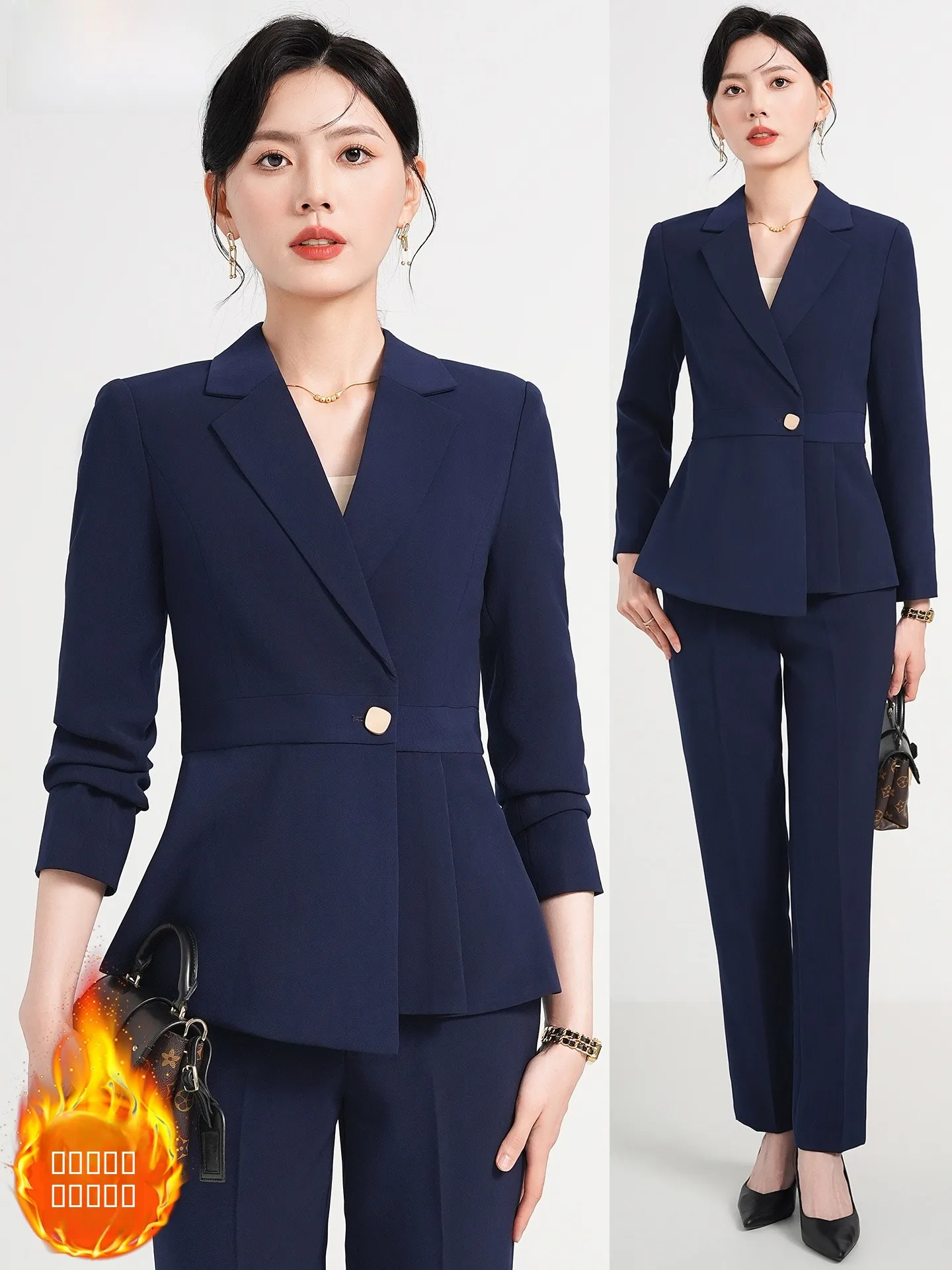 

Женский костюм из смесового хлопка, темно-синий, профессиональная униформа для администратора на стойке ресепшн, для ювелирного магазина, осень-зима...