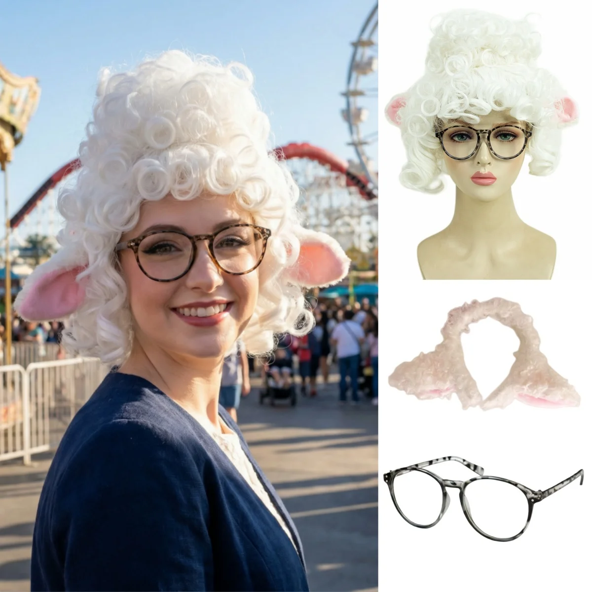 REEWES White Curly Wig For Cosplay Dawn Sheep Synthetic Wig Costume Glasses Hairband Zoo Anime Carnival 100 DAY OF Party