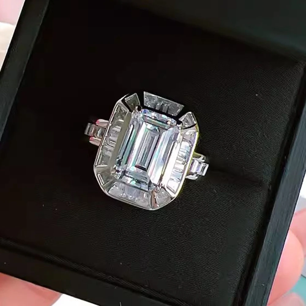 Vinregem 8*12 MM Emerald Cut Lab Created Sapphire High Carbon Diamond Gems Ring 925 Sterling Silver Wedding Engagement Jewelry