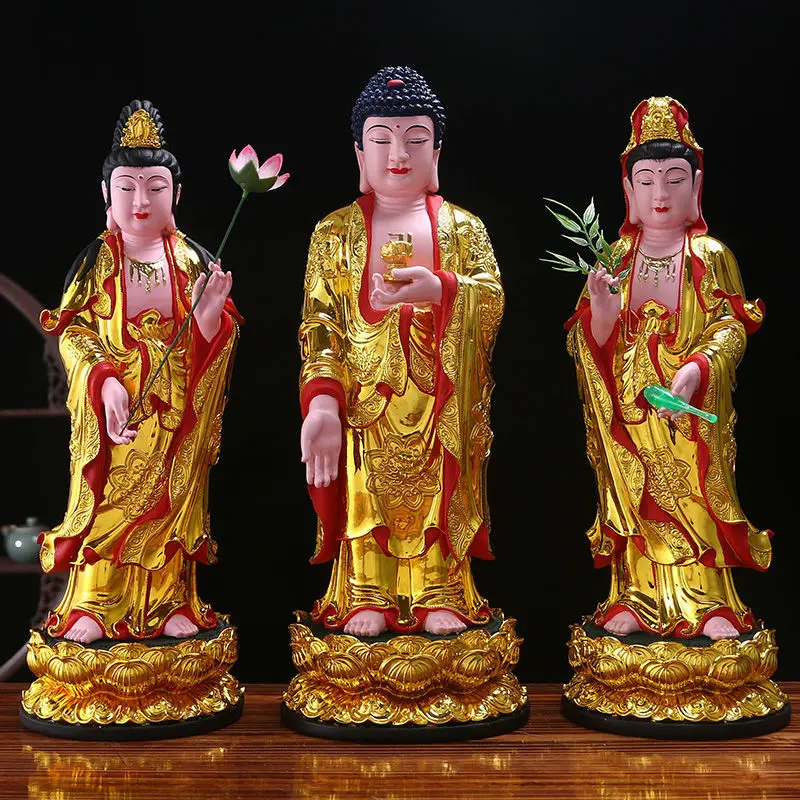 

The Western Three Saints' Amitabha Statue Worship Guanyin Avalokitesvara Bodhisattva Great Strength Bodhisattva Resin Buddha