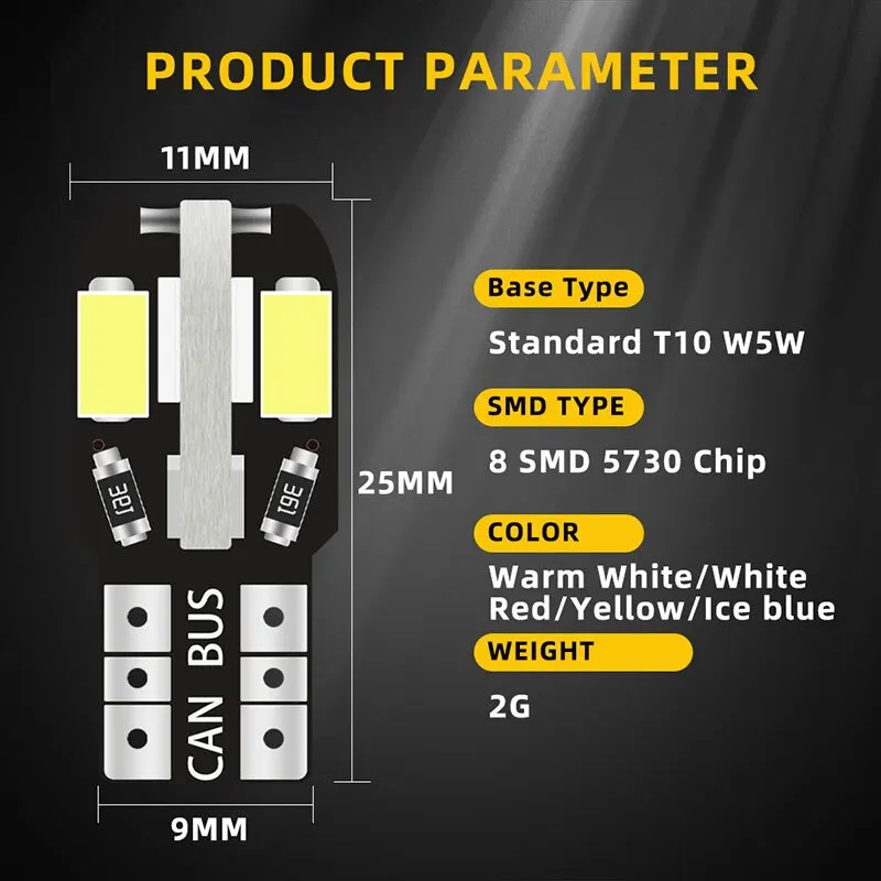 10PCS T10 Led W5W 5730 8SMD Car Interior Lights 168 194 LED Bulb For Car Lamps Car Side Bulbs Car License Plate Lamps