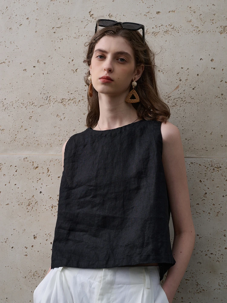Elegant Black Linen Vest Women's Sleeveless Commute Top Summer Breathable Short Length Pure Color Button Closure Casual Wear