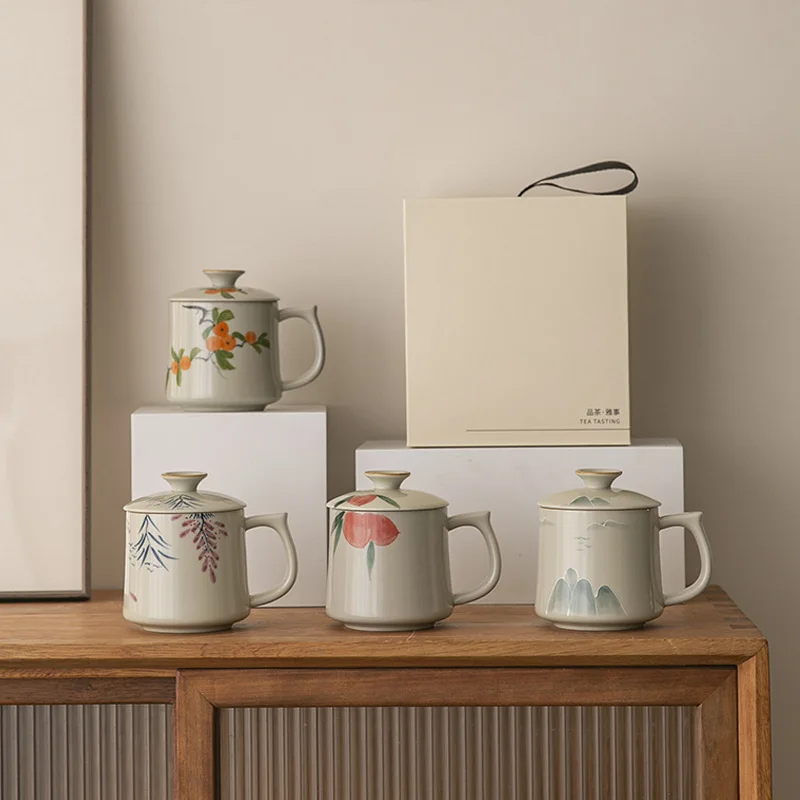 

Офисная чашка из деревянного ясеня с ручной росписью, набор из двух предметов, керамическая пыленепроницаемая чайная чашка с крышкой, персональная кружка