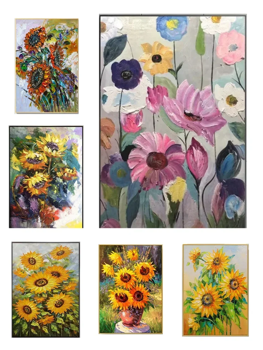 Frameless Canvas Painting Colorful Abstract Flower Painting, Thick Textured Floral Wall Art, Vibrant Botanical Home Decor