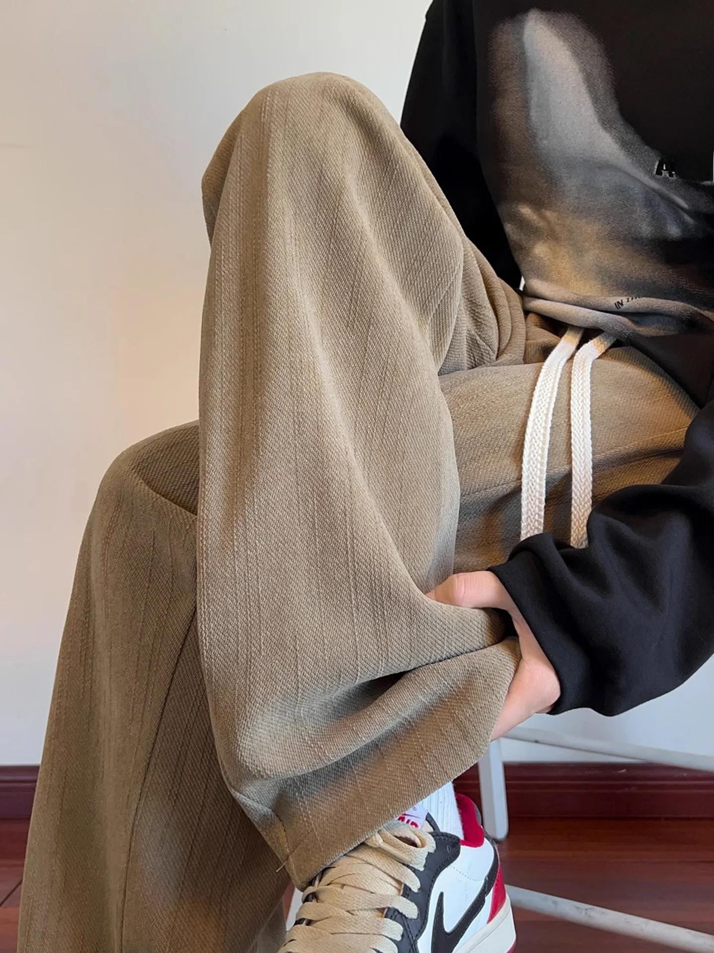 American Sle Thiened Fce Warm Casual Pants Men's Winter Loose Straight Spor Thiened Drapey Wide Leg Long Trousers