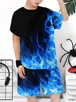 Summer Outfit Blue Flame Print Short Sleeve T-Shirt + Shorts Set Black Casual Sportswear Kids Streetwear Tracksuit