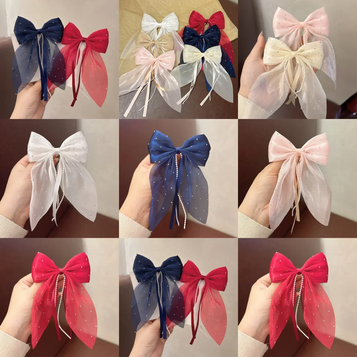 

Full Sky Star Pearl Diamond Bow Ribbon Hair Clip for Women's Ponytail Top Clip