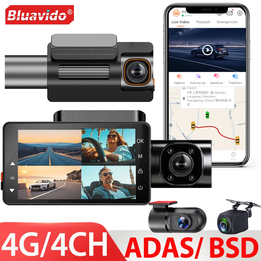 4-Kanal 4G Dashcam ADAS 2K Frontkamera 1080P Innenkamera Rückkamera BSD Fernüberwachung 24-Stunden-Parküberwachung für Taxis und Familienautos