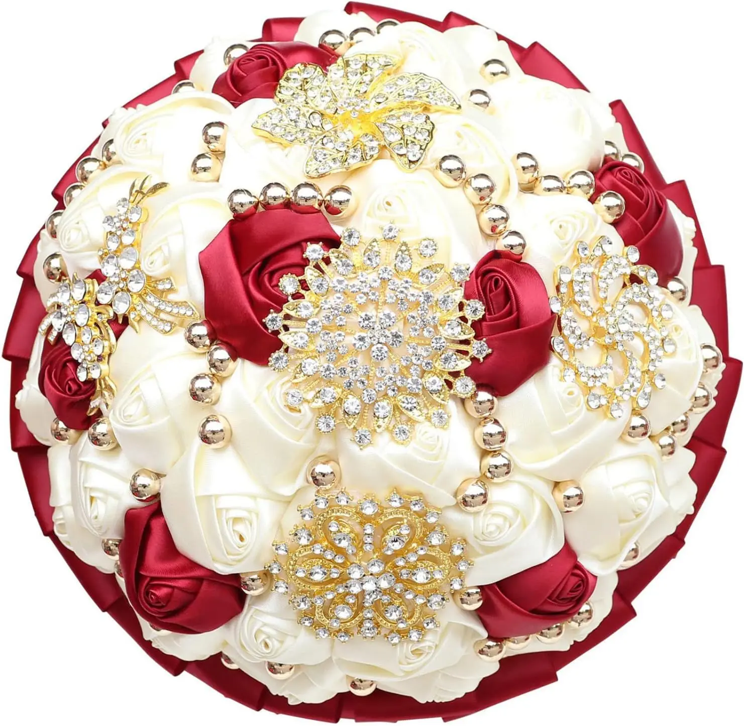 

Bridal Bouquet with Rhinestone Brooch and Satin Roses for Wedding Bridesmaid Quinceanera Burgundy Ivory 9.5in