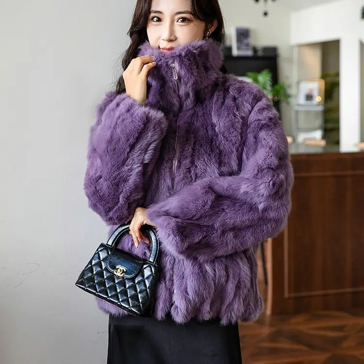 نمط جديد المرأة شتاء دافئ لينة جودة ريال ريكس أرنب معطف ريكس الأرنب الفراء سترة قصيرة كبيرة ريال فوكس الفراء طوق معطف Wh107