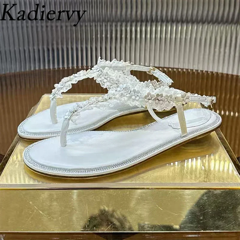 

Summer New Sandals Woman Flip Flops Pearl Flower Party Dress Shoes Woman Vacation Bohemian Sandals Flat Sandalias Woman