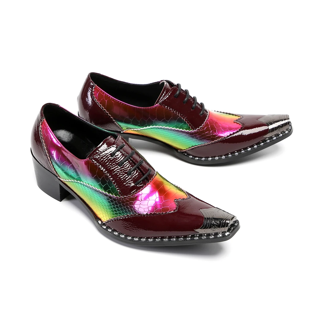 

Multicolor Iridescent Python Embossed Oxford Shoes Men Patent Leather Pointed Toe Formal Dress Low Heel Lace Up Footwear