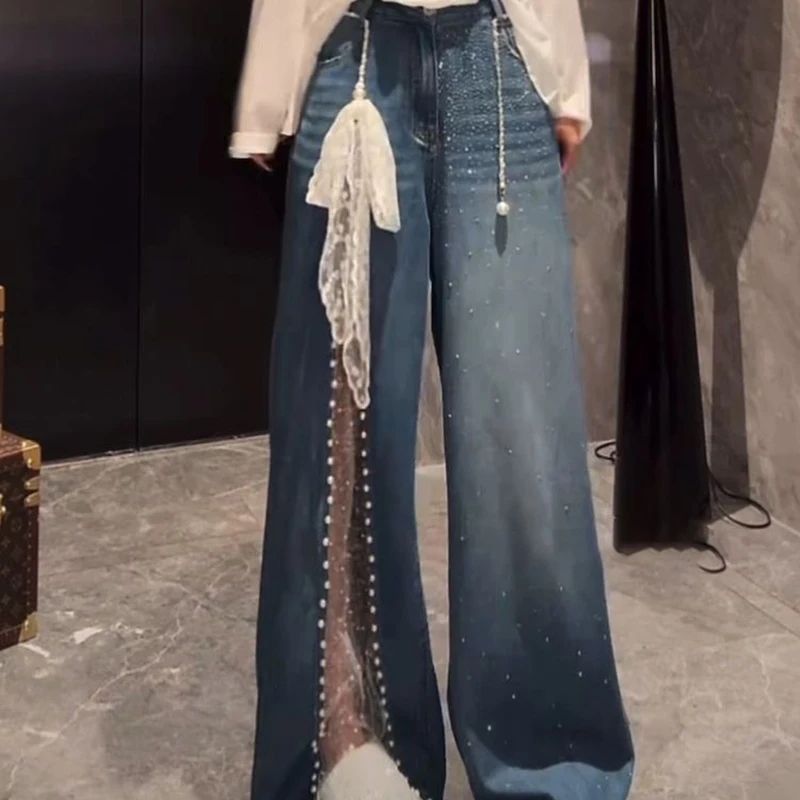 

Кружевные прямые джинсы со стразами, женские летние новые дизайнерские свободные джинсовые брюки с высокой талией, женские широкие брюки, уличная одежда