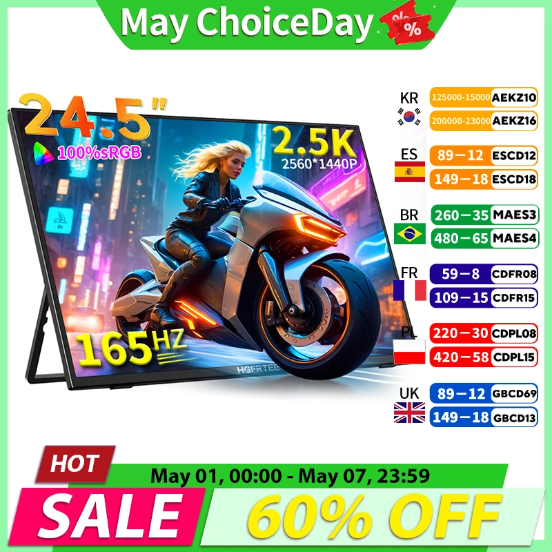HGFRTEE 24,5 "165Hz Monitor portátil 2,5 K IPS pantalla externa para ordenador portátil 100% sRGB USB-C HDMI para consola de juegos PS5/4 y