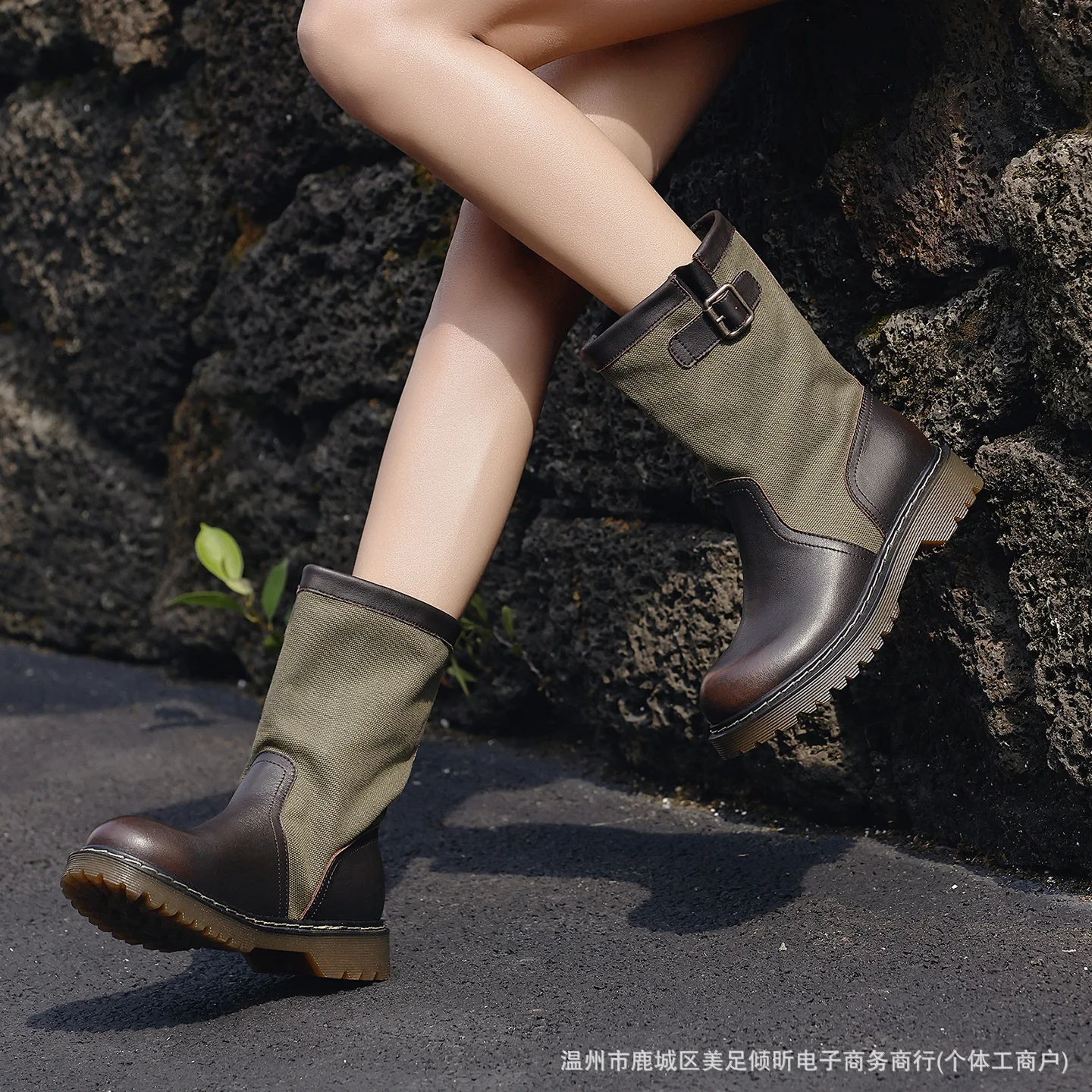Women Vintage Patchwork Canvas Leather Mid Calf Boots Single Buckle Strap Platform Lug Sole Combat Boot Outdoor Walking Footwear