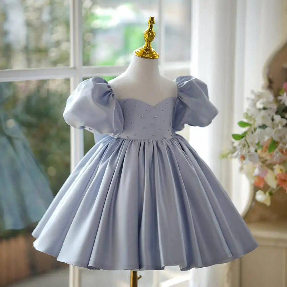 2024 Sweet Style Princess Dress Puff Sleeve Party Dresses for Girls Holiday Children girls Clothing Baby Girls Cute Pearl Gown