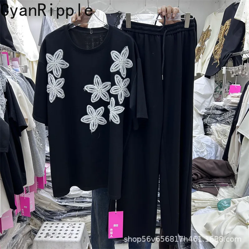 

New Summer Women Two-piece Set Embroidery Beads Flowers Black Short Sleeve T-shirt Top + Elastic Waist Wide Leg Long Trousers