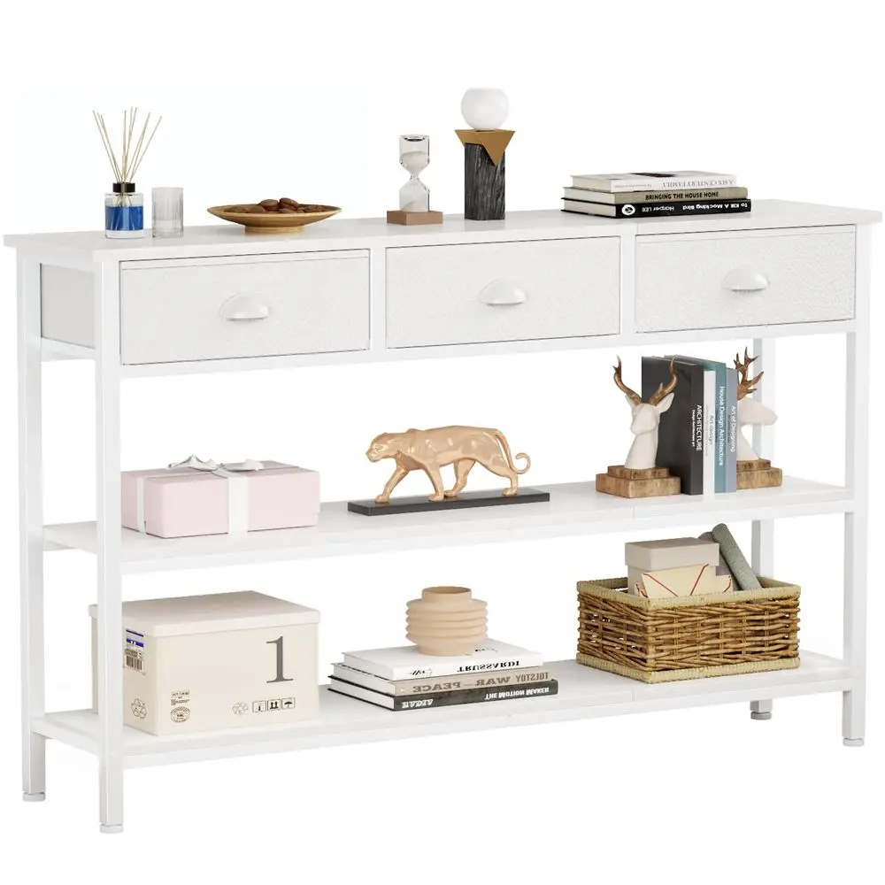 

White Long 47 Console Sofa Table with 3 Drawers, Entryway Table with 3Tier Storage Shelves, Display Shelf for Entry Way, Hallwa