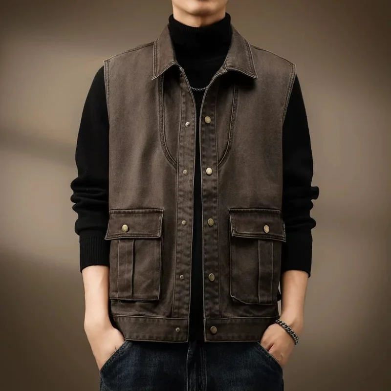 

High-end American Lapel Sleeveless Vest Men's Spring and Autumn New Outdoor Loose Casual Retro Work Jacket Men