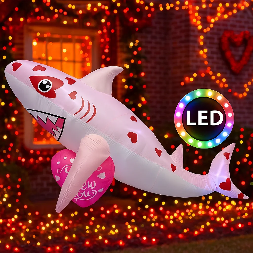 San Valentino Gonfiabile Simpatico Squalo 2.7M/9FT Decor Romantico Giardino Festa Illuminazione Luce LED incorporata Decorazione del cortile