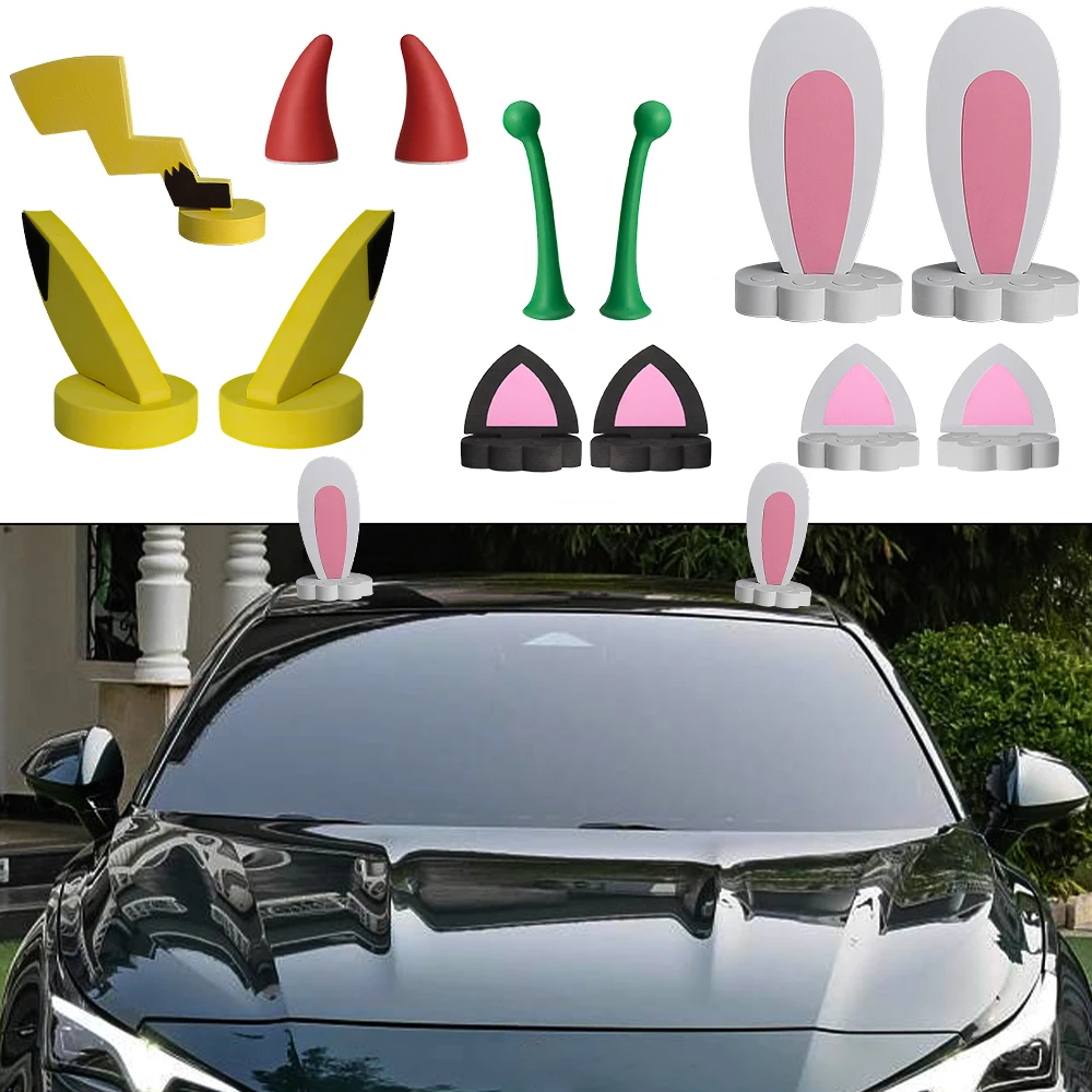 1Sets Creative Car Roof Decoration Cute Cartoon Rabbit Cat Ears Stickers Pikachu Ear Bean Snail Tentacles Devil Horn Badge Decal