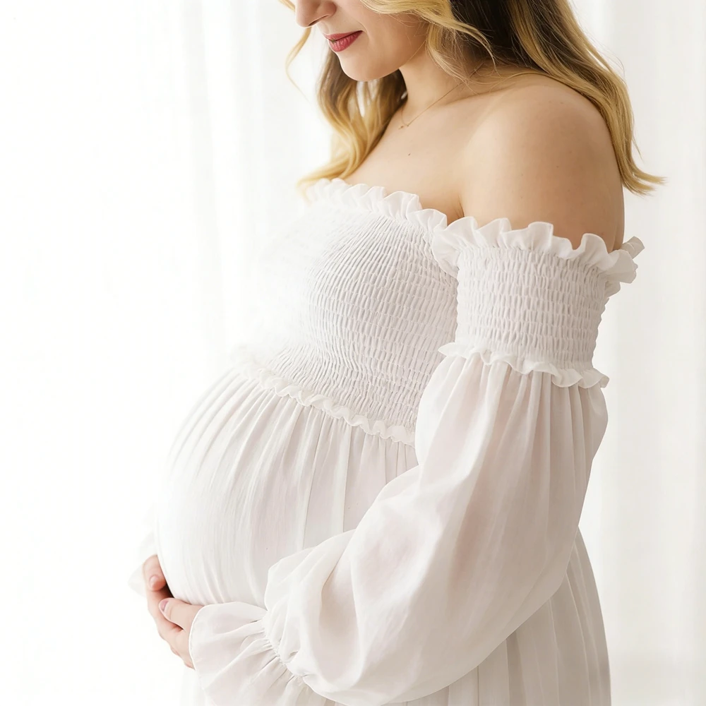Maternity Dress Photography White Off Shoulder Ruffle Puff Sleeve Smocked Gown Long Pregnant Photo Shoot Outfit Baby Bump view 3
