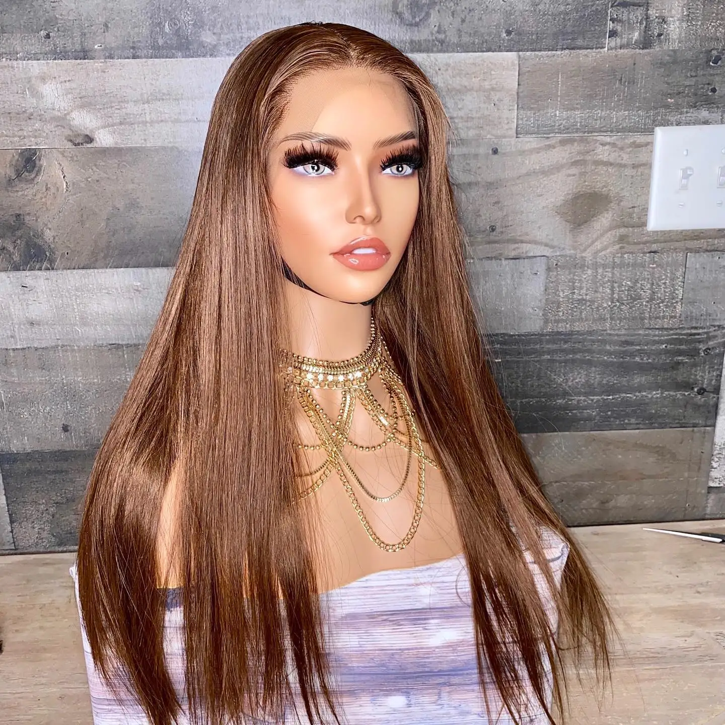 Long Silky Straight Soft 13x4 Lace Front Synthetic Hair Wigs with Natural Hairline Glueless Golden Brown Transparent Lace Wigs