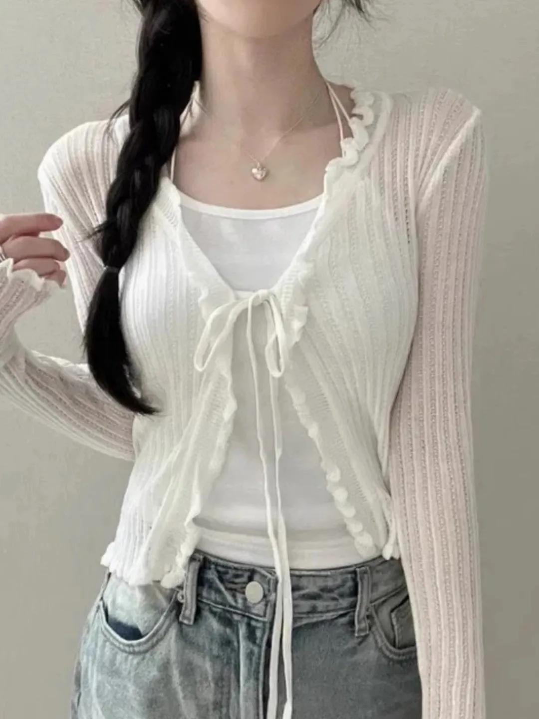 تكدرت تقليم التعادل الجبهة طويلة الأكمام المحاصيل الأعلى المرأة طويلة الأكمام مفتوحة الجبهة مضلع سترة متماسكة سترة الصيف Fairycore الزي