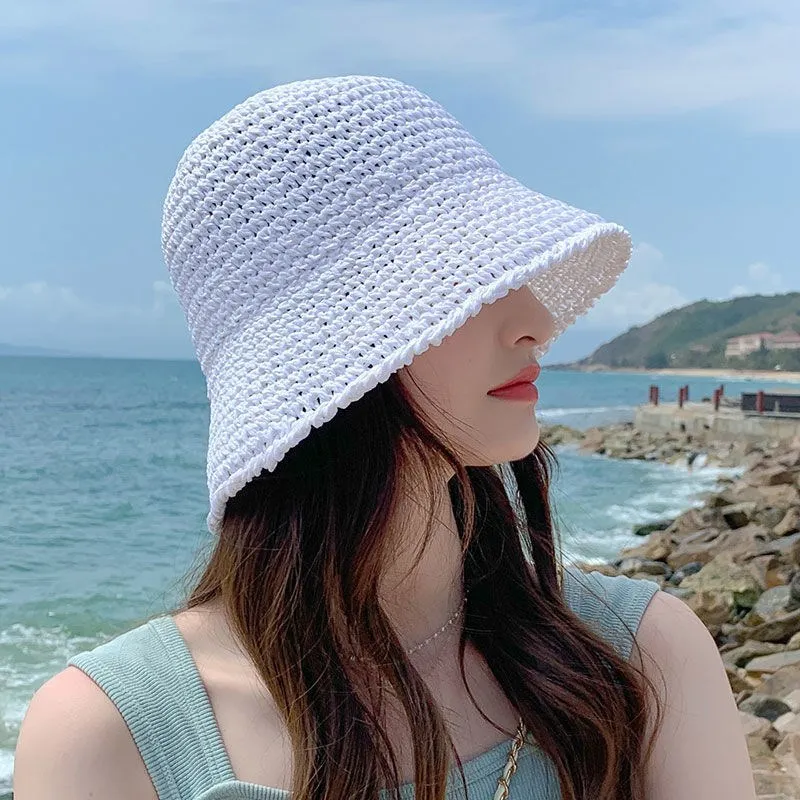 Solid Color Braid Bucket Hat For Women Summer Hollow Out Breathable Beach Hats Knit Dome Fisherman Caps Lady Sunshade Panama Cap