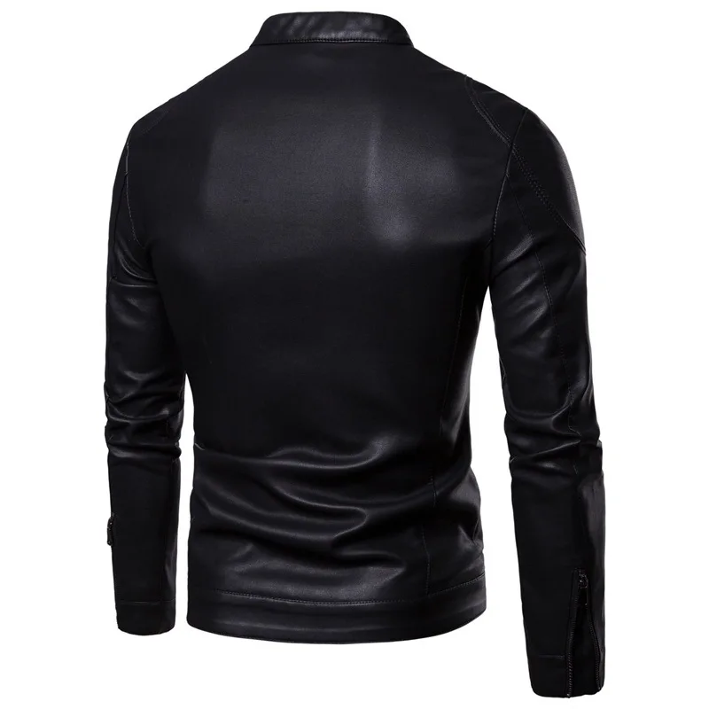 New men's solid color standing collar slim men's leather jacket fashion pure black long-sleeved coat leather clothes